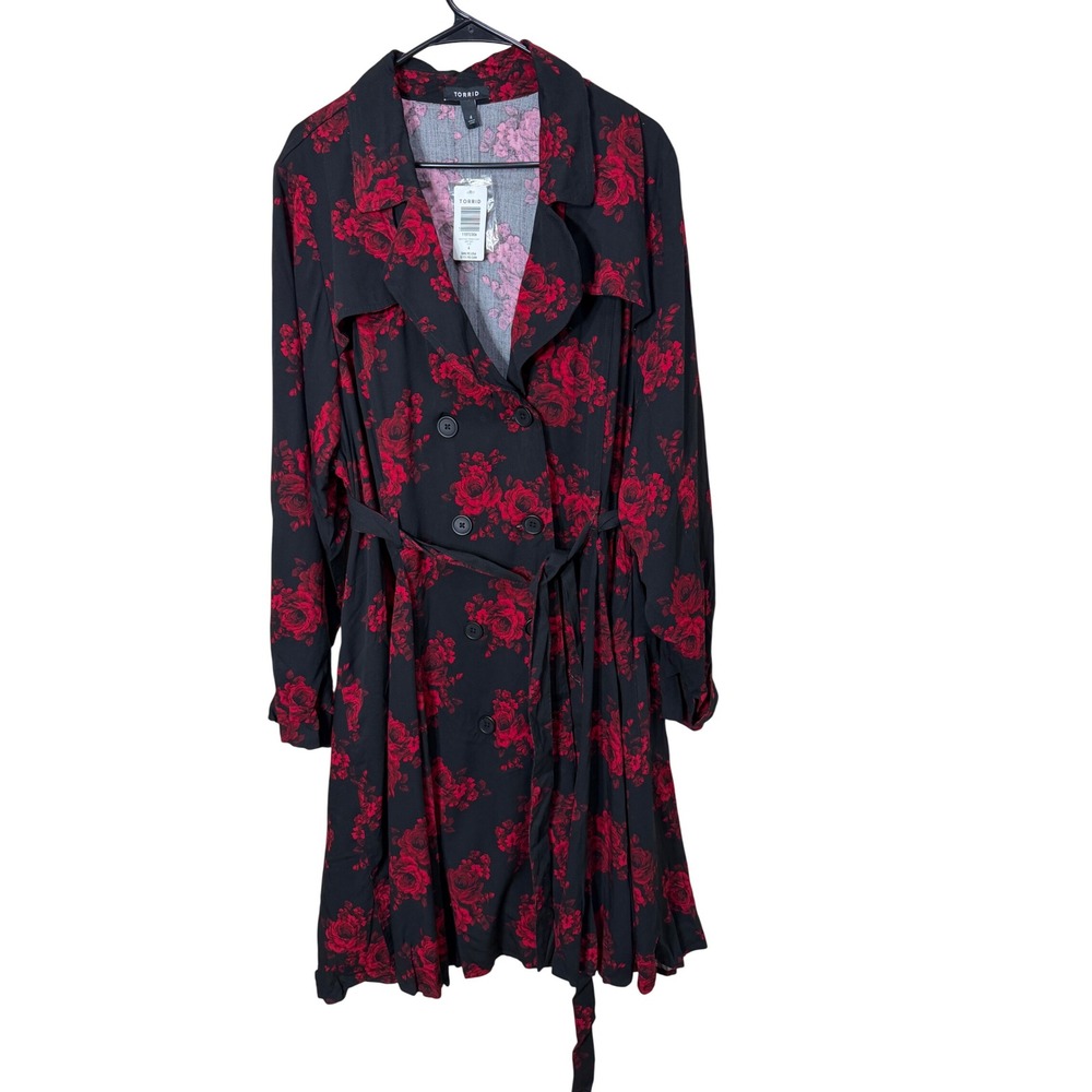 Torrid Womens Plus Size 4 Black Red Floral Rose Trench Coat NWT